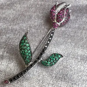 Vintage Ruby, Emerald & Diamond Flower Pin